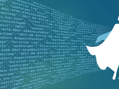 Graphisch dargestellter Programmcode mit männlicher und weiblicher Silhouette im Vordergrund