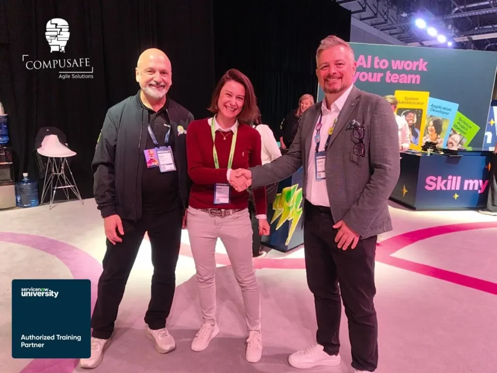Handschlag auf der "Knowledge 25" in Las Vegas (v.l.n.r.): Martin Hill (ServiceNow), Maria Schuster (CompuSafe), Bodo Vander (ServiceNow)