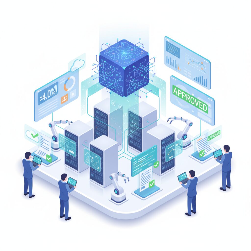 Auditing von Change Requests mit KI - Isometrische Illustration erstellt mit FLUX
